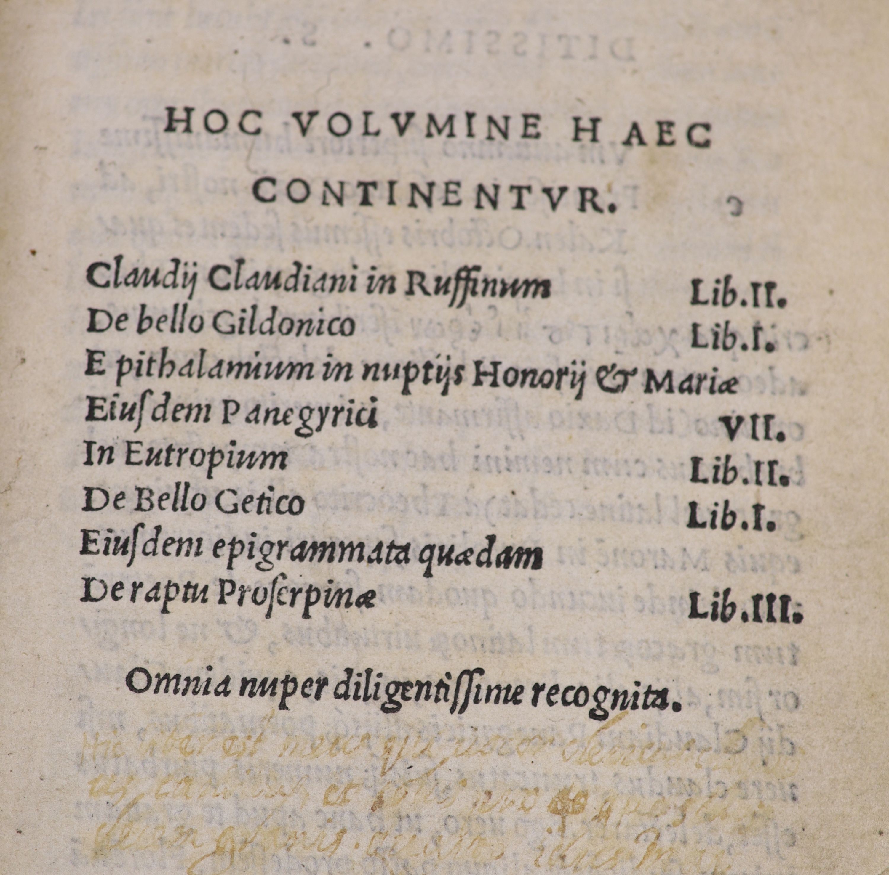 Claudian (Opera). Hoc Volumine hae Continentur ... In Ruffinum ... De Bello Gildonico (etc.)